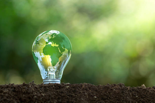 energies renouvelables.protection de l’environnement, sources d’énergie renouvelables et durables. la carte du monde verte est sur une ampoule qui représente l’énergie verte l’énergie renouvelable qui est importante pour le monde - economie energy solaire photos et images de collection